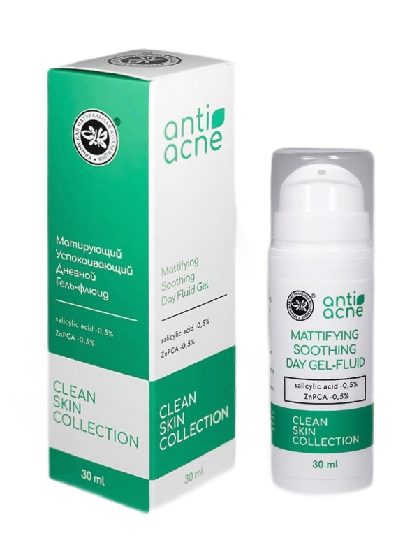 Матирующий успокаивающий дневной гель-флюид anti-acne с салициловой кислотой и цинком для жирной и проблемной кожи «Clean skin collection»